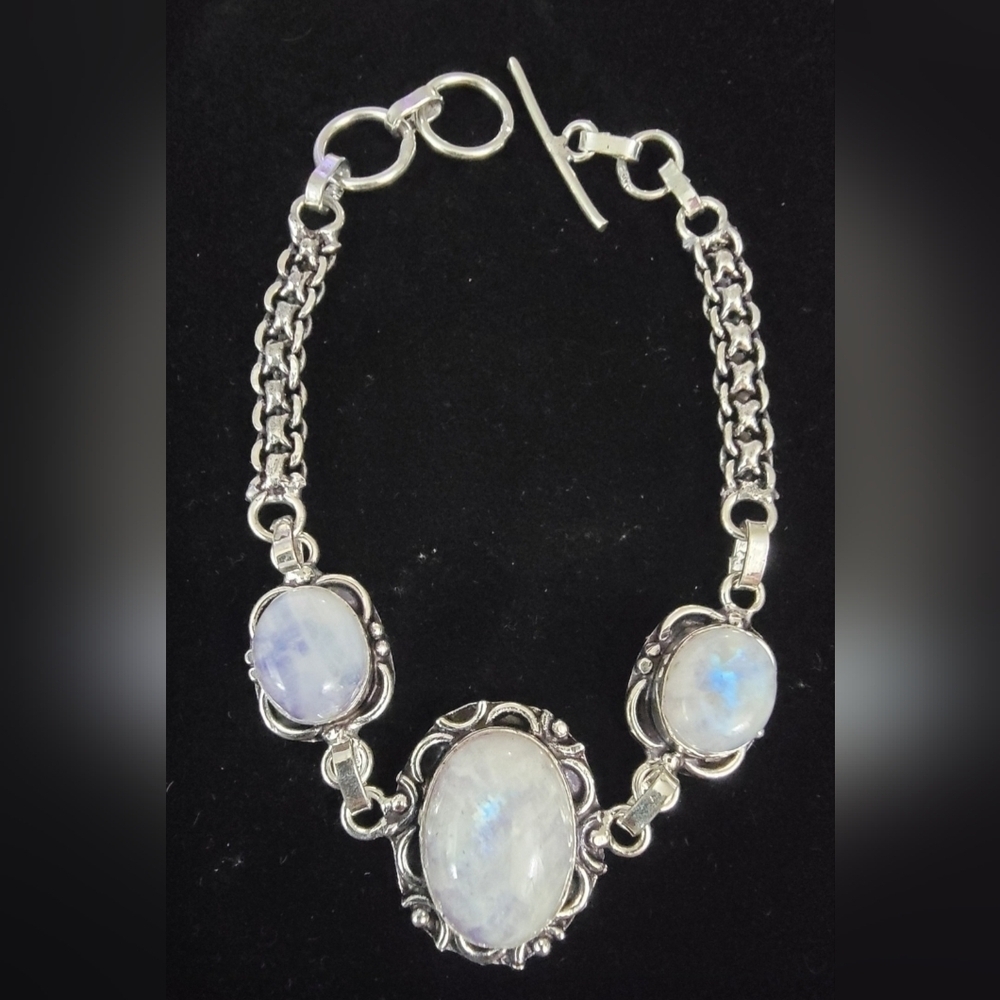 Handmade 925 Sterling Silver Rainbow Moonstone 8.5" Gemstone Bracelet